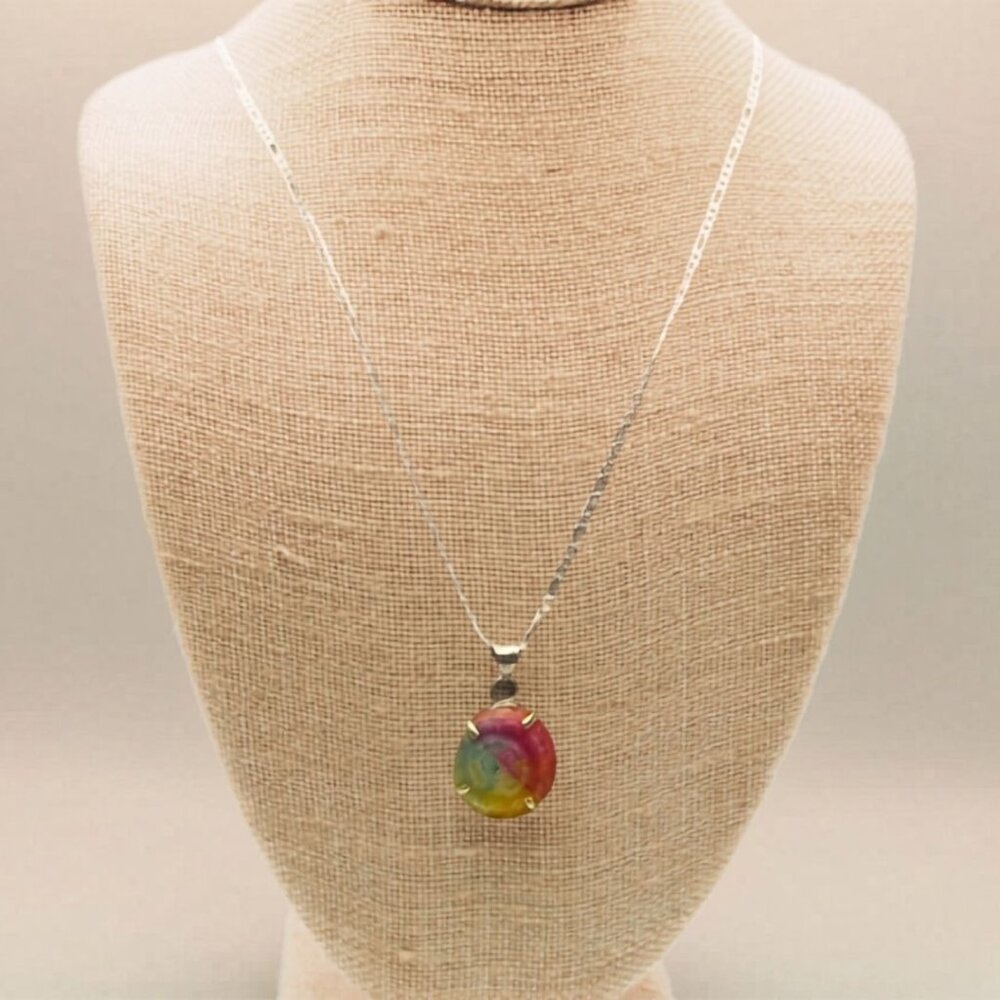 Sterling Silver 925 Figaro Chain Necklace with Rainbow Solar Quartz Pendant